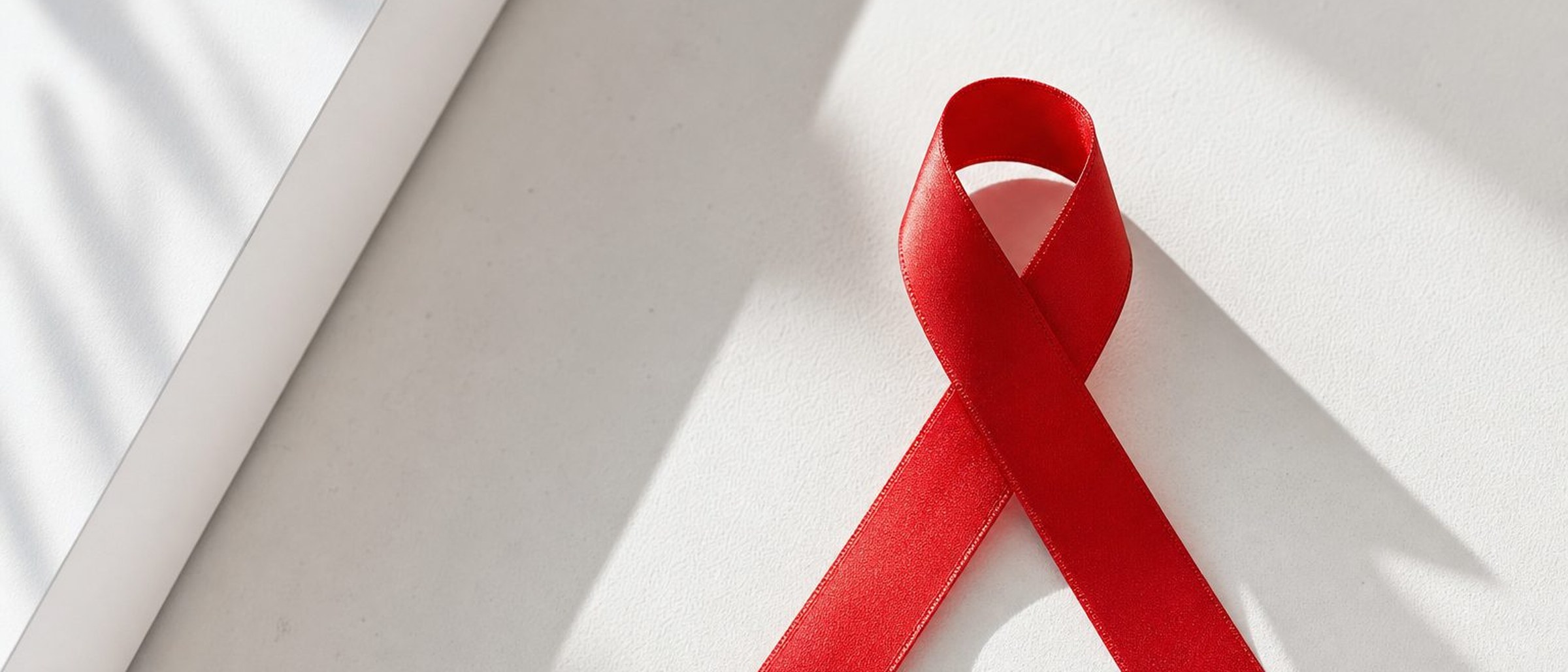 A red HIV awareness ribbon on a soft grey background